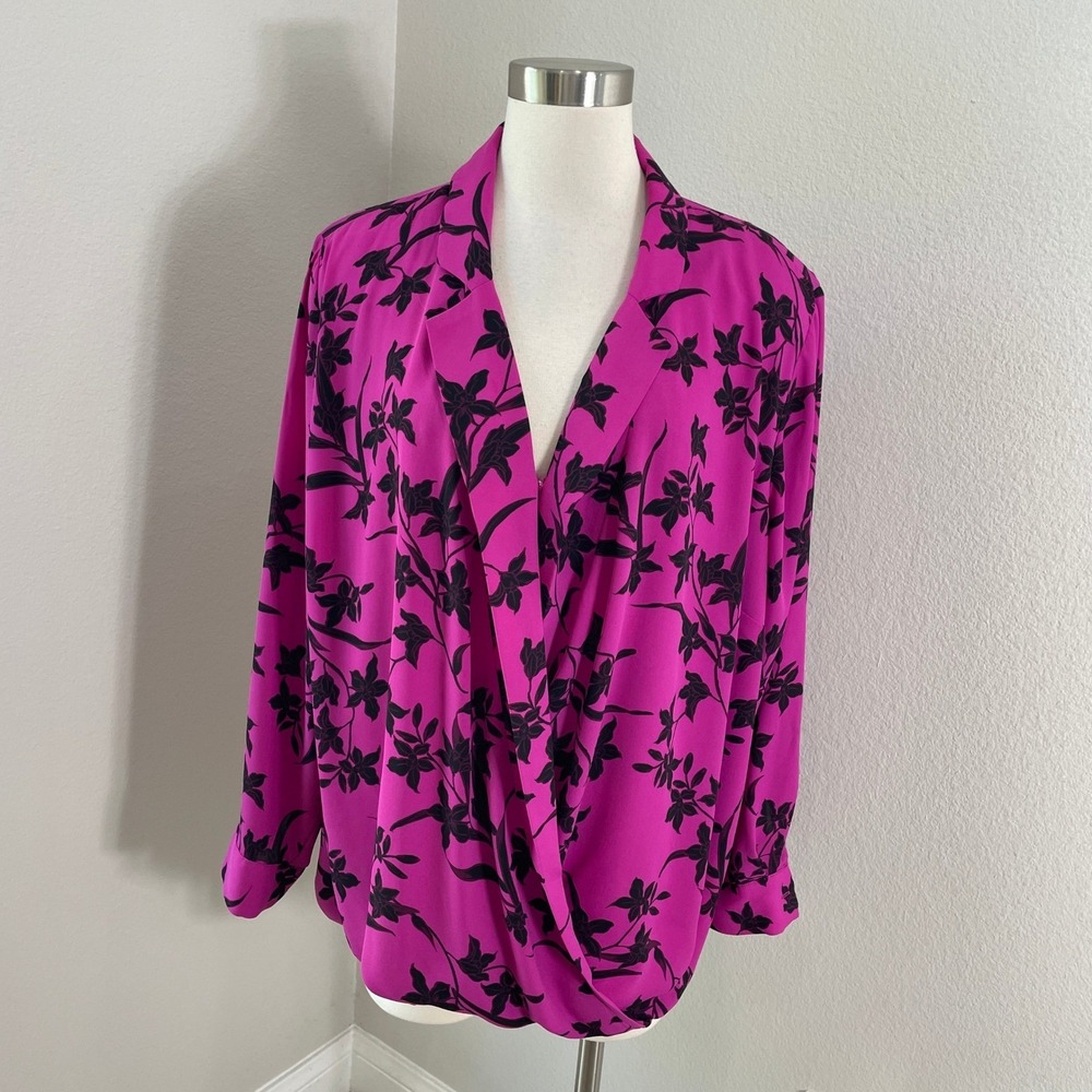 Vince Camuto Womens Plus 3X Magenta Pink Black Floral Surplice Draped Blouse Top